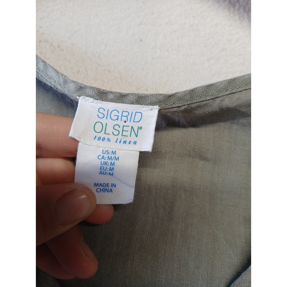 Sigrid Olsen 100% linen blouse lagenlook peasent medium sage green Tunic - Picture 7 of 8